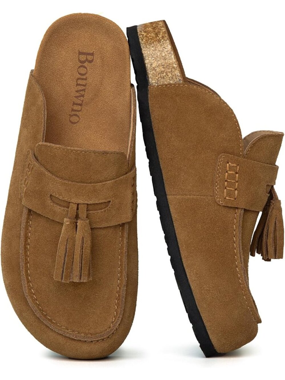 🆕Women's Camel Suede Clogs Leather Mules with Tassel Fringe Comfort Cork